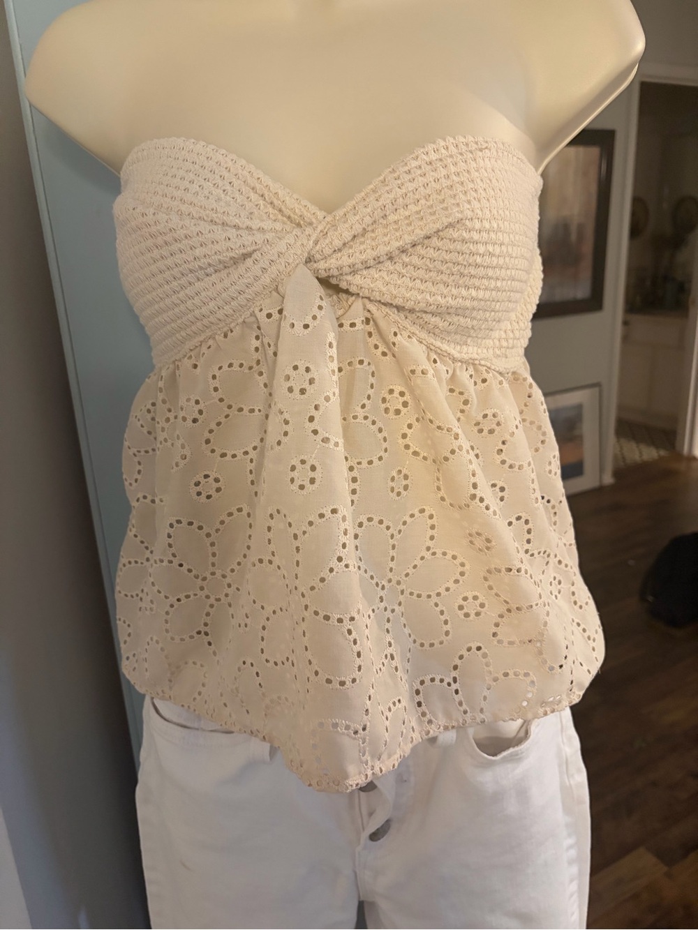 SHEIN Cream Tan Eyelet Twist-Front Strapless Top - M
